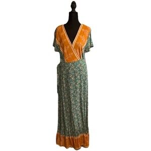 ZESICA Women's Lg Boho Floral Wrap Maxi Dress Green Orange‎ V-Neck Ruffle Beach